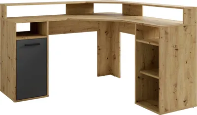 A corner desk with a wood grain finish and a dark gray cabinet.