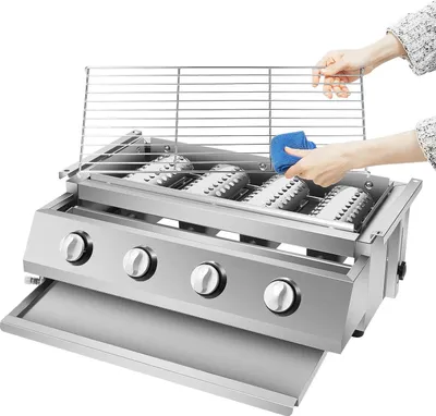 Obrázok produktu pre Plynový gril – gril z nehrdzavejúcej ocele – 4 horáky, 55,8 x 23,2 cm – ťažký oceľový kryt – veľký rošt na terasu a vonkajšiu kuchyňu – strieborný