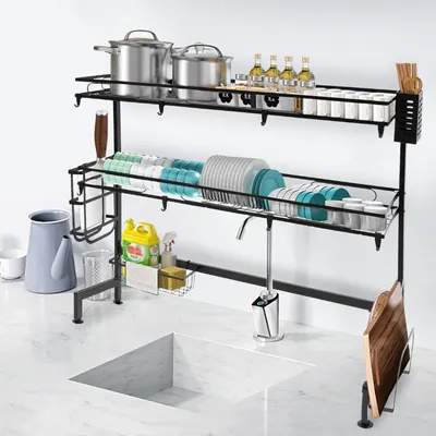 Produktbild von Geschirr Abtropfgestell Über Spüle, 2 Ebenen Abtropfständer mit Utensilienhalter, Schneidebretthalter (82 cm)