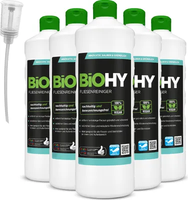 Produktbild von BiOHY Fliesenreiniger (6x1l Flasche) + Dosierer | speziell entwickelt für Stein- & Fliesenböden | hinterlässt eine schmutzabweisende Glanzschicht | entfernt jegliche Art von Schmutz mühelos