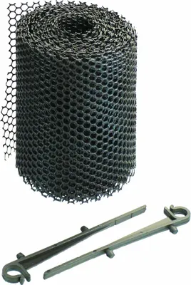 A roll of black plastic mesh and two plastic clips.