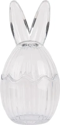 A clear glass Easter egg shaped container with bunny ears on top.