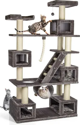 Produktbild von Kratzbaum Logan · XXL Katzen-Kletterparadies mit 5 Katzenhöhlen · grau · ca. 121 x 60 x 229 cm