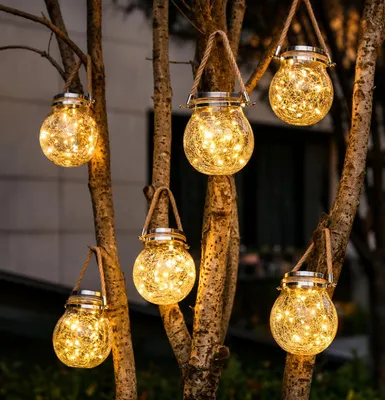 Produktbild von LUMILED 6er Set Solar Hängelaterne 12 cm IP44 3000K 20 LEDs 600mAh Solar Hängeleuchte, Kristall Glaskugeln zum Aufhängen, Bruchglas Optik, Dämmerungssensor Gartendeko für Außen Garten Terrasse
