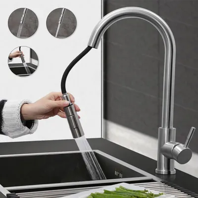 Produktbild von Spültischarmatur mit ausziehbare Brause, Waschtischarmatur aus Edelstahl, Wasserhahn ausziehbar, 360° Schwenkbar Einhand-Küchenarmatur