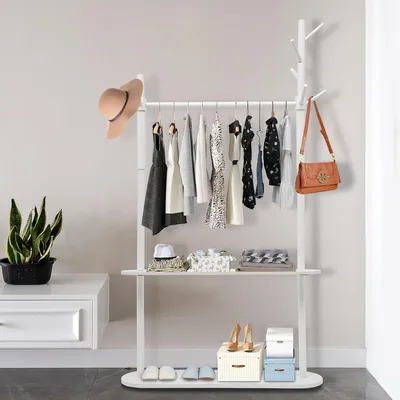 Image de Rack de vêtements de mode, porte-manteau en bois, rack de vêtements de style moderne avec 2 étagères, blanc