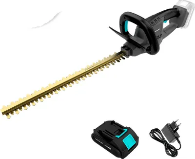 Produktbild von Heckenschere mit einer Schnittlänge von bis zu 45 cm. 21 V Akku. Brushless, bürstenloser Motor. Klingen aus Titan. Äste bis zu 16mm.