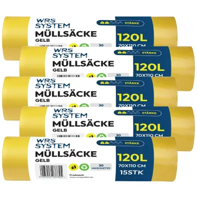 Zdjęcie produktu dla WRS System Zestaw 5 sztuk Żółte worki na śmieci 120 l 5x15 szt. Worki na śmieci o dużej wytrzymałości – żółte – tworzywa sztuczne, plastik i metale
