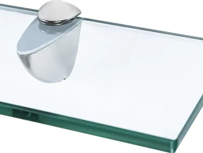 A close-up shot of a glass shelf with a silver bracket.