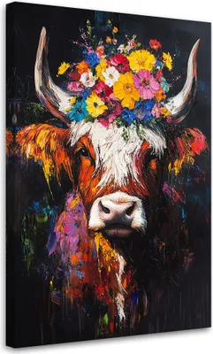 Immagine prodotto di Quadro su tela Mucca scozzese con fiori sulla testa 80x120 Feeby Quadro colorato per la parete pronto per essere appeso