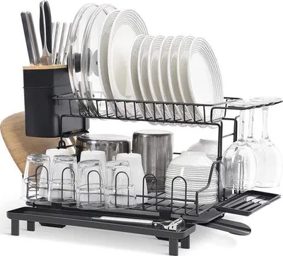 Image de Étagère à vaisselle Unyqoos® à 2 niveaux, en acier inoxydable 304 – Capacité pour 16 assiettes, égouttoir, système d'écoulement rétractable à 360° (22–32 cm), porte-couverts avec couvercle en bambou, couleur noire