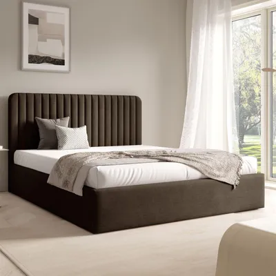 Image de FURNISTAR : Lit coffre BEA II, 160x200 | Lit double avec rangement et sommier à lattes | Style boxspring | Sans matelas | Chambre à coucher - Marron