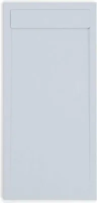 A flat, light gray shower tray with a textured surface resembling slate.