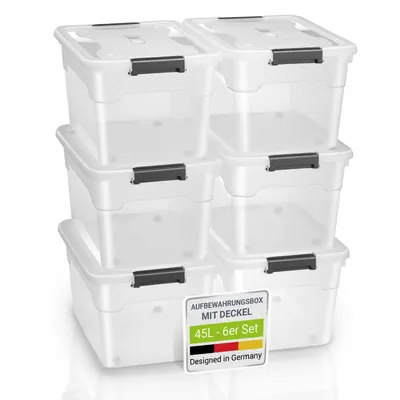 Produktbild von Juskys Aufbewahrungsbox mit Deckel - 6er Set Kunststoff Boxen 45l - Box groß, stapelbar, transparent - Aufbewahrung Ordnungssystem Aufbewahrungsboxen