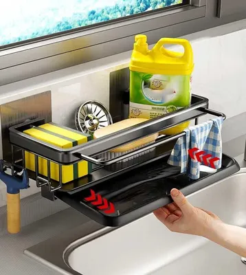 Produktbild von Acrylicc Spülbecken Organizer Schwarz,Kein Bohren Erforderlich Schwarzer Organizer für Küchenspülen,Mit Tropfschale Lappenhalter und Haken für Küchenschwämme,Bürsten und Spülmittel