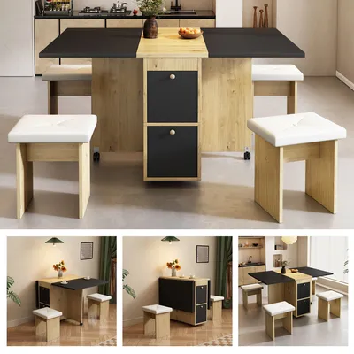 Image de Ensemble de salle à manger (comprenant une table et 4 chaises), table à manger pliante, 120 × 80 × 75 cm, table à manger multifonctionnelle à rallonges, chaises de salle à manger,