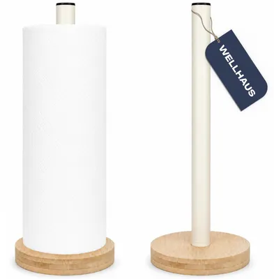 Image de Porte-rouleaux de cuisine WELLHAUS, couleur crème, base en bois, 32 cm, stable, pour essuie-tout de cuisine