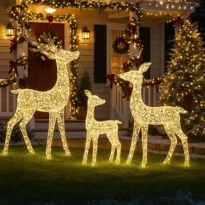 Three illuminated reindeer figures are displayed on a lawn in front of a house decorated for Christmas.