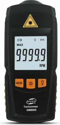 A digital tachometer with a laser sensor, displayed against a white background.