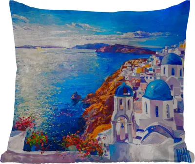 Produktbild von MuchoWow® Outdoor Kissen - Malerei - Griechenland - Wasser - Öl - 50x50 cm - Wetterfest - Lounge Kissen - Komfortabel - Kissen mit Bild