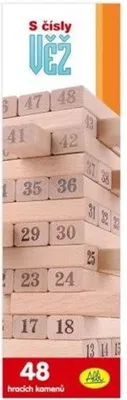 A stack of wooden blocks with numbers on them, forming a tower.