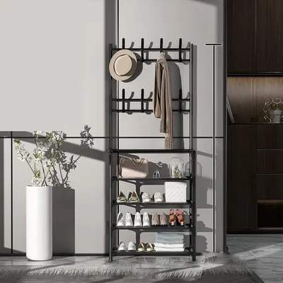 Obrázok produktu pre Stojanový vešiak 60 cm, 4 polic, kov, čierna, pre predsieň