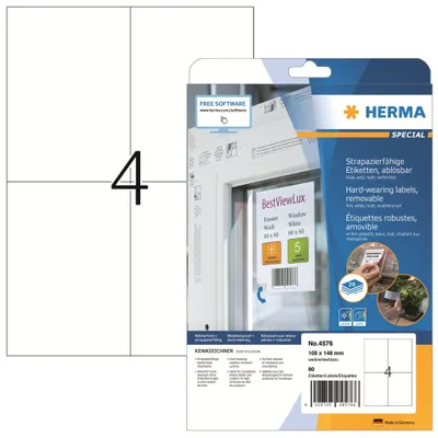 Produktbild von HERMA 4576 Wetterfeste Folienetiketten ablösbar, 20 Blatt, 105 x 148 mm, 4 pro A4 Bogen, 80 Stück, selbstklebend, bedruckbar, matt, blanko Klebeetiketten Aufkleber aus Folie, weiß