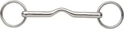 A silver horse bit with two rings and a wavy mouthpiece, isolated on a white background.