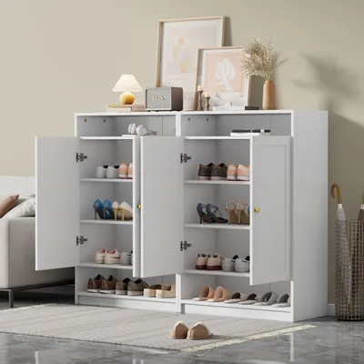 Zdjęcie produktu dla Komoda na buty z 2 drzwiczkami, regulowanymi półkami i złotymi uchwytami, nowoczesna, 73×34×109 cm, biała
