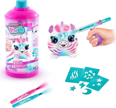A collection of items for an Airbrush Plush toy set, including the plush toy, airbrush gun, stencils, and markers.