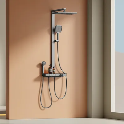 Produktbild von EMKE® Duschsystem mit Thermostat 38℃ Bad- & Duscharmaturen, Regendusche 40 cm Glasablage mit 3+1 Eltern-Kind-Handbrause+Duschstange, Anthrazit Matt