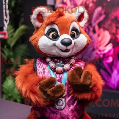Produktbild von Magentaroter REDBROKOLY Roter Panda Maskottchen Kostüm Charakter bekleidet mit einer Weste und Armbändern