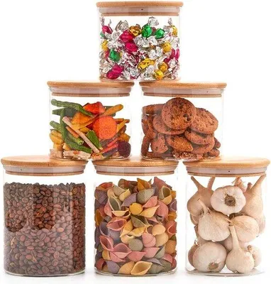 Image de Bocaux en bambou avec couvercle et récipient en verre - lot de 6, capacité 900 ml/1 400 ml