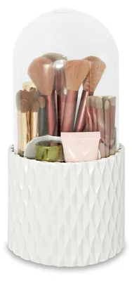 Produktbild von Kosmetik-Organizer, 360° drehbarer Halter für Make-up-Pinsel mit staubdichtem Deckel, 5 Aufbewahrungsfächer, drehbarer Aufbewahrungsbehälter für Badezimmer, Arbeitsplatte oder Schlafzimmer (weiß)