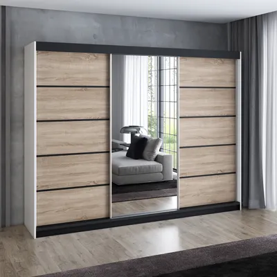 A modern sliding door wardrobe with a mirrored center panel and wood-effect doors, set in a room with a concrete wall and curtains.