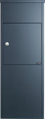 A front view of a dark gray mailbox with a keyhole and a small brand logo.