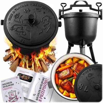 Zdjęcie produktu dla GARNEK EMALIOWANY KOCIOŁEK ŻELIWNY EMALIOWANY 8l na ognisko grill +PRZEPISY