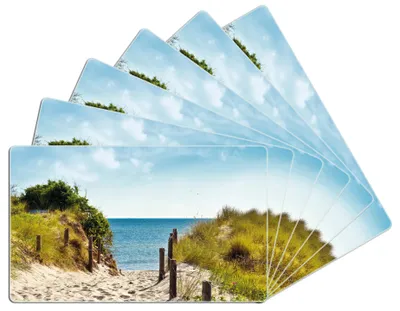 Produktbild von Wallario Frühstücksbrettchen 6er Set aus Glas, je 14 x 23 cm, mit rutschfesten Füßen, Motiv Auf dem Sandweg zum Strand