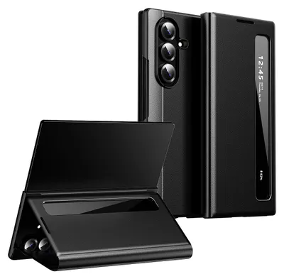Obrázek produktu pro PU kožené pouzdro pro Samsung Galaxy Z Fold 7, chytré flipové pouzdro se Smart Side Window Černá