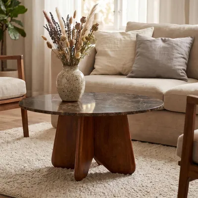 Produktbild von Couchtisch MALOTI, rund 90 cm mit Emperador Marmorplatte, Dunkelbraun - Coffee Table aus massivem Mangoholz, Beistelltisch mit skulpturalem Untergestell, Wohnzimmertisch aus Massivholz und Naturstein