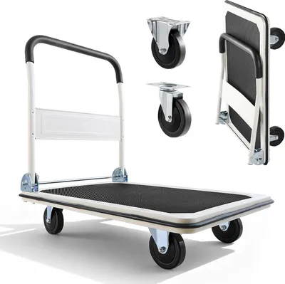 Produktbild von Plattformwagen Rollwagen - Klappbarer Transportwagen - 300 kg Tragkraft - Rutschfeste Ladefläche - Lenkrollen - 90 x 61 x 87 cm
