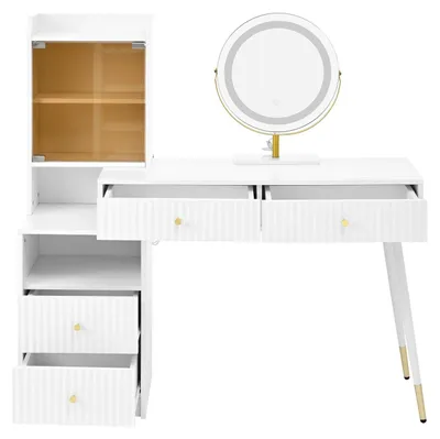 Immagine prodotto di Comò da trucco – Comò da parete, dimensioni 120×45×115 cm – Specchio con illuminazione LED – Piano in vetro trasparente – Con ripiano laterale e armadietto – Senza sgabello – Bianco, modello 3