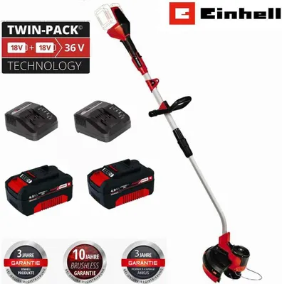 A product shot of a cordless grass trimmer with accessories and warranty badges.