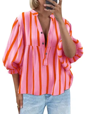 Produktbild von Gestreiftes Sommer-Shirt mit V-Ausschnitt für Damen – Babydoll-Top mit Puffärmeln