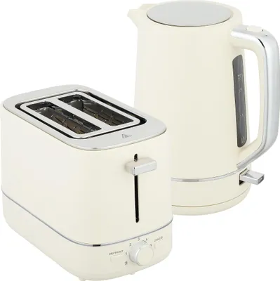A beige toaster and kettle set are shown against a white background.