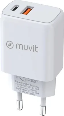 Imagen del producto de Muvit Cargador de pared con 1 puerto USB QC 3.0 de 18W y 1 puerto USB-C PD de 25W, color blanco