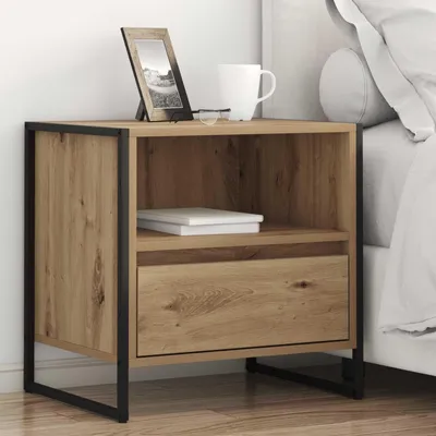 A wooden nightstand with a black metal frame is placed next to a bed.