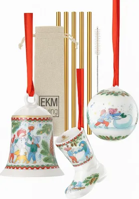 Produktbild von Set: Hutschenreuther Weihnachtsglocke, Weihnachtskugel & Porzellanstiefel 2025 „Weihnachtsspiele“ + Edelstahl Trinkhalme 4er Set (gratis) | EAN