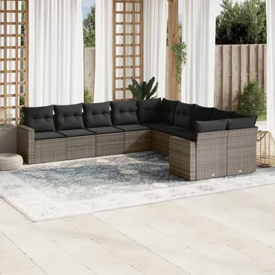 Produktbild von Design 10-tlg. Garten-Sofagarnitur mit Kissen Grau Poly Rattan, Gartenmöbel-Sets 2024 Neu