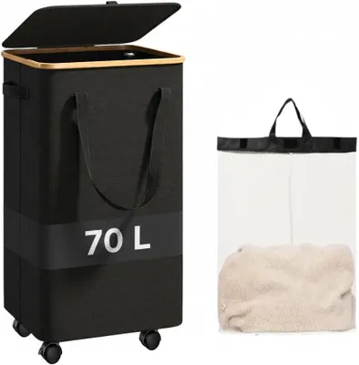 Produktbild von Wäschekorb mit Rollen und Deckel, 70 l, großer zusammenklappbarer Wäschekorb mit abnehmbarer Innentasche und Griffen, ideal für Badezimmer, Schlafzimm